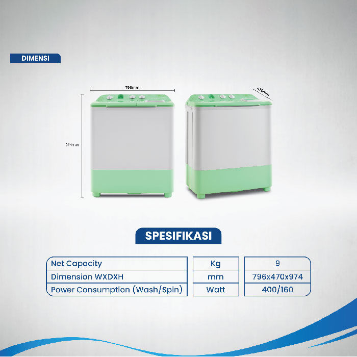 Aqua Mesin Cuci 2 Tabung Twin Tube 9 KG - QW-961XT | QW-961XT (GR)